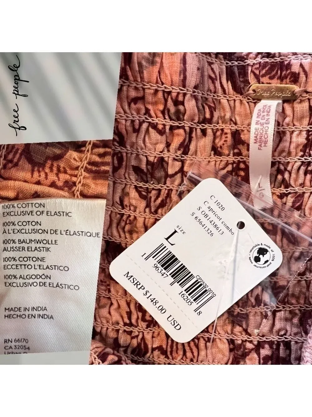 FREE PEOPLE Smock it to Me Puff-Sleeve On/Off Shoulder Smocked MiniDress/Lg NWT